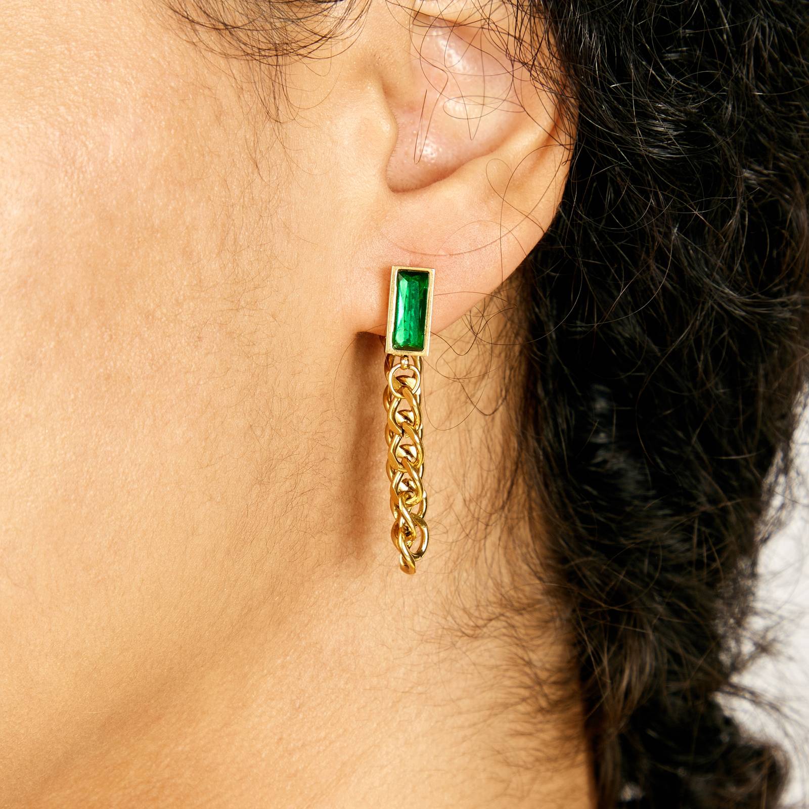 Emerald Luxe Drop Earrings, 18K Gold Plated Steel