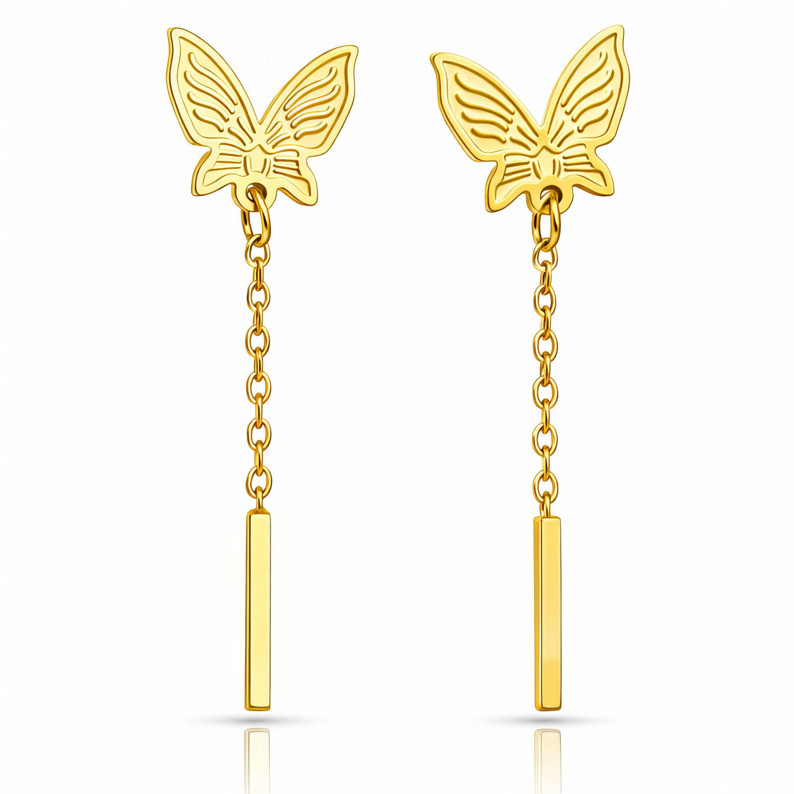 Butterfly Drop Earrings, 18K Gold Plated Steel